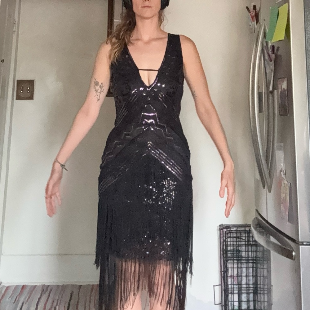 BABEYOND Black Iridescent Sequin Fringe 1920s Flapper Gatsby Dress Small